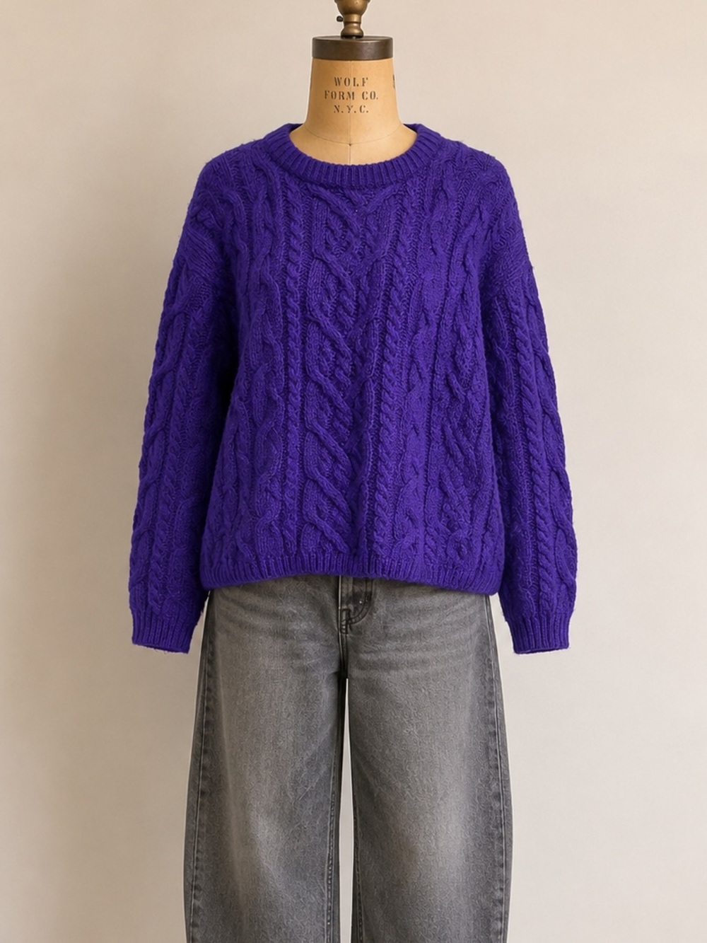 Vintage 1980s Scoop Vibrant Purple Acrylic Cable Knit Pullover Sweater